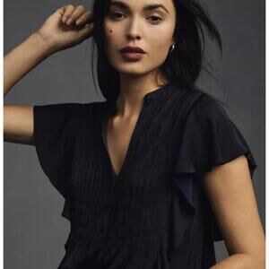 Anthropologie Black and Blue Ruffled Pintucked Blouse - Size - Medium - NWT